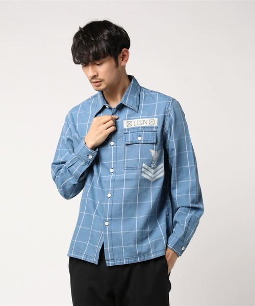 AVIREX(アヴィレックス)の「TYPE BLUE by AVIREX/ タイプブルー バイ アヴィレックス/ 長袖 インディゴ チェックシャツ/ L/S INDIGO CHECK SHIRT(シャツ/ブラウス・メンズ・ブルー系その他/ライトインディゴブルー・LARGE/X-LARGE/MEDIUM)」の5枚目の写真