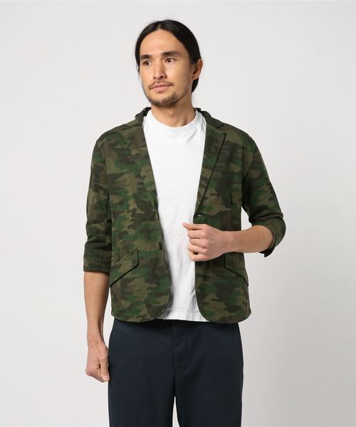 STYLEBLOCK(スタイルブロック)の「天竺7分袖カモフラージュ柄テーラードジャケット(テーラードジャケット)」|オリーブ