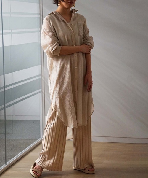 GeeRA（ジーラ）の「シアーロングシャツワンピース（シャツワンピース・レディース・ベージュ/ブラック・MEDIUM/LARGE）」の12枚目の写真