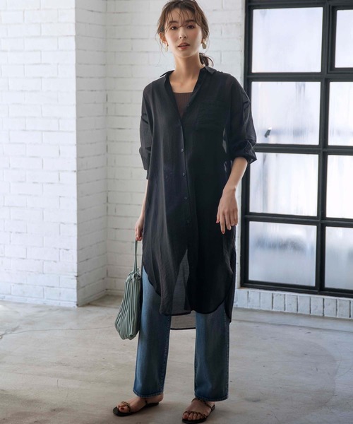 GeeRA（ジーラ）の「シアーロングシャツワンピース（シャツワンピース・レディース・ベージュ/ブラック・MEDIUM/LARGE）」の11枚目の写真