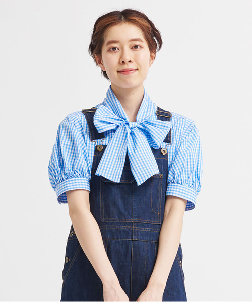 Dot＆Stripes CHILD WOMAN（ドットアンドストライプス　チャイルドウーマン）の「タイプライター無地/ギンガム 5分袖ボウタイブラウス（シャツ/ブラウス・レディース・ホワイト/ブラック/サックスブルー/ピンク/ブルー・FREE）」の3枚目の写真