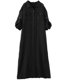 バックプリーツリネン風シャツワンピース
