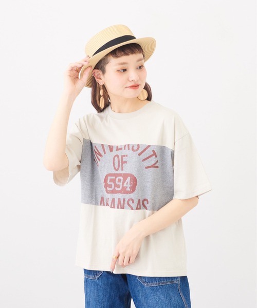CUBE SUGAR（キューブシュガー）の「OE天竺 パウダー加工 切替プリント Tシャツ（Tシャツ/カットソー・レディース・ベージュ/ネイビー/ナチュラル・M）」の2枚目の写真
