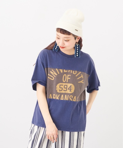 CUBE SUGAR（キューブシュガー）の「OE天竺 パウダー加工 切替プリント Tシャツ（Tシャツ/カットソー・レディース・ベージュ/ネイビー/ナチュラル・M）」の3枚目の写真