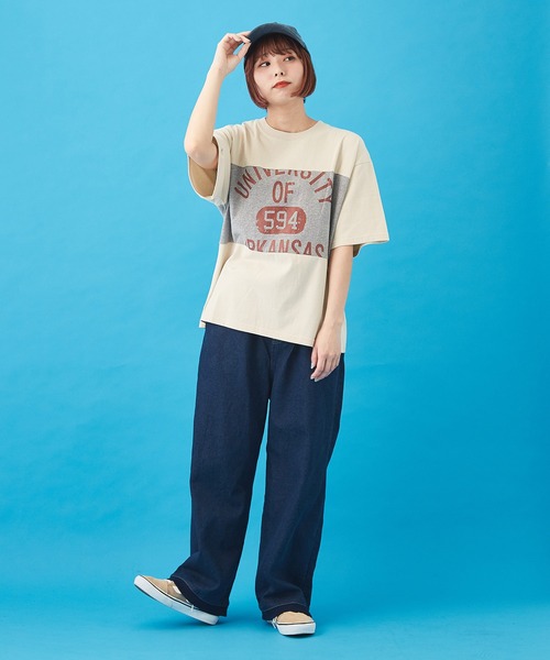 CUBE SUGAR（キューブシュガー）の「OE天竺 パウダー加工 切替プリント Tシャツ（Tシャツ/カットソー・レディース・ベージュ/ネイビー/ナチュラル・M）」の12枚目の写真