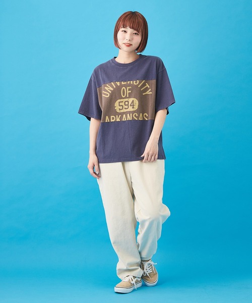 CUBE SUGAR（キューブシュガー）の「OE天竺 パウダー加工 切替プリント Tシャツ（Tシャツ/カットソー・レディース・ベージュ/ネイビー/ナチュラル・M）」の6枚目の写真