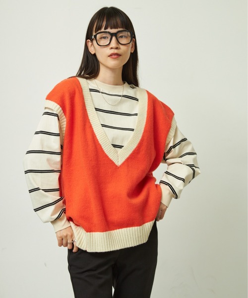 VACANCY（ヴァカンシー）の「配色ニットベスト（ベスト・レディース・グリーン/ブラック/オレンジ・FREE）」の3枚目の写真