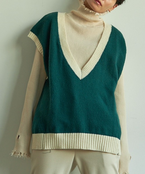 VACANCY（ヴァカンシー）の「配色ニットベスト（ベスト・レディース・グリーン/ブラック/オレンジ・FREE）」の5枚目の写真