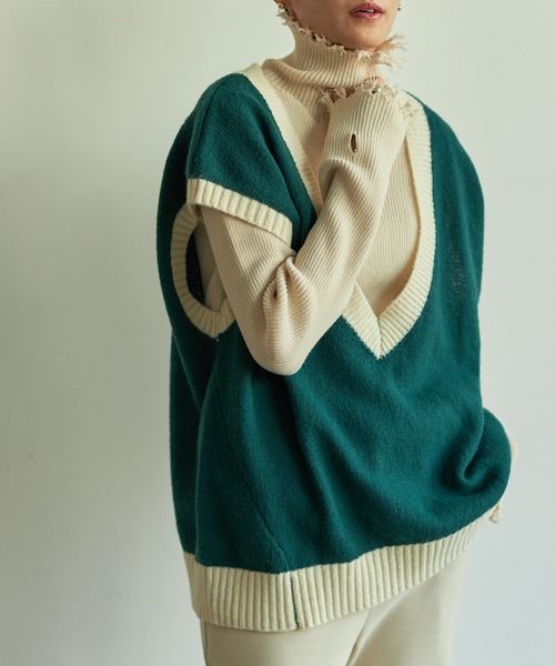 VACANCY（ヴァカンシー）の「配色ニットベスト（ベスト・レディース・グリーン/ブラック/オレンジ・FREE）」の13枚目の写真