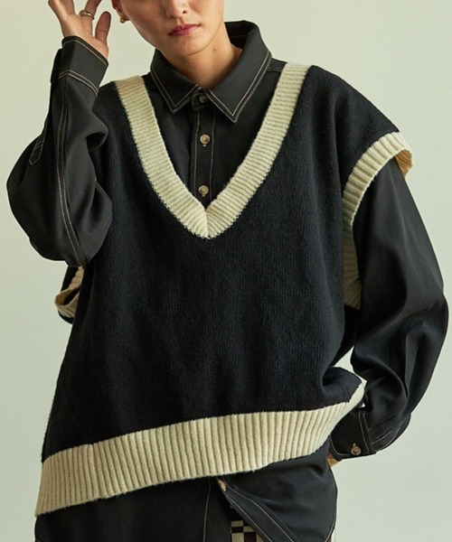 VACANCY（ヴァカンシー）の「配色ニットベスト（ベスト・レディース・グリーン/ブラック/オレンジ・FREE）」の8枚目の写真