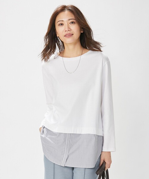 J.PRESS(ジェイプレス)の「【接触冷感・UVケア】レイヤードジャージー カットソー(Tシャツ/カットソー・レディース・ホワイト系/ブラック系1/ネイビー系1・T13/T15)」の1枚目の写真