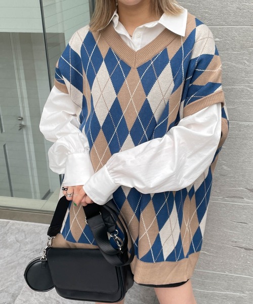 WEGO（ウィゴー）の「WEGO/アーガイルルーズニットベスト（ベスト・メンズ・グリーン系その他2/ホワイト系その他2/グレー系その他2/ブルー系その他2・MEDIUM/LARGE）」の8枚目の写真