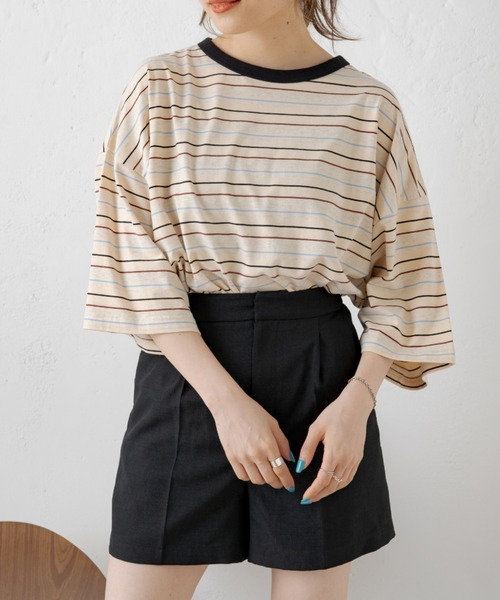 WHIMSIC（ウィムジック）の「【WHIMSIC】マルチボーダートリムTシャツ（Tシャツ/カットソー・レディース・ブラック/グレー/アイボリー・FREE）」の5枚目の写真