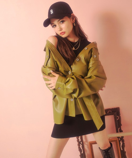 SPIRALGIRL(スパイラルガール)の「合皮オーバーシャツジャケット(ライダースジャケット・レディース・ホワイト/ブラック/グリーン・FREE)」の4枚目の写真