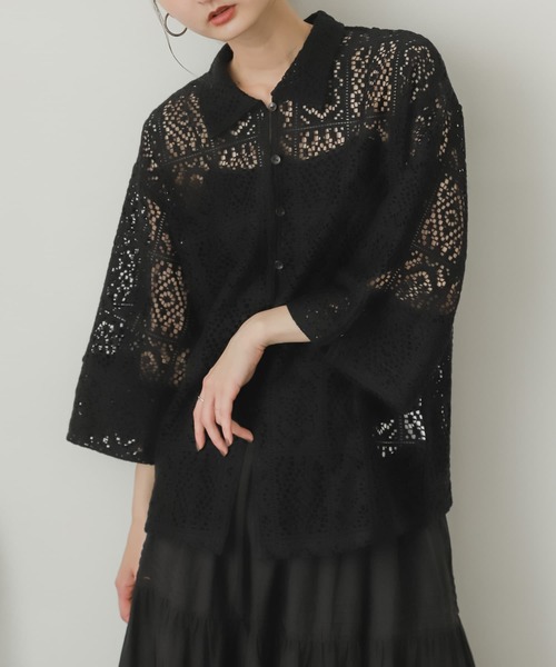 SENSE OF PLACE by URBAN RESEARCH（センスオブプレイスバイアーバンリサーチ）の「ブロックレースシャツ（シャツ/ブラウス・レディース・ブラック/グリーン/アイボリー・ONE）」の3枚目の写真