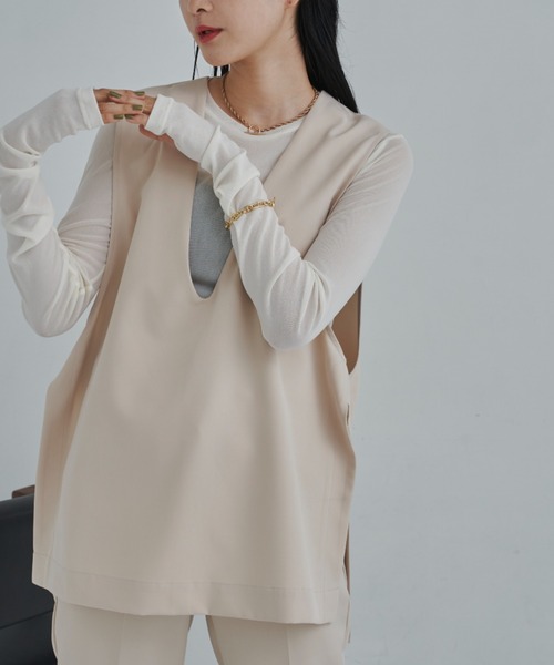 CLEARIMPRESSION （クリアインプレッション）の「【セットアップ対応】ライトダブルクロスVネックベスト（ベスト・レディース・ブラック/アイボリー・FREE）」の14枚目の写真