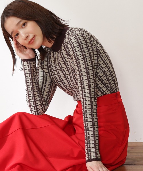 N.（N. Natural Beauty Basic）（エヌエヌナチュラルビューティーベーシック）の「【松井愛莉さん着用】◆バイカラージャガードコンパクトニット（ニット/セーター・レディース・ブラウン/グリーン/レッド・MEDIUM）」の2枚目の写真