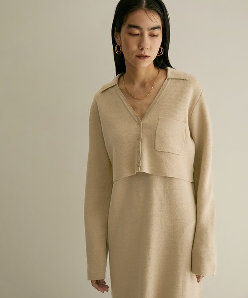 SALON adam et rope'(サロン アダム エ ロペ)の「【WEB限定】【手洗い可能】襟付きニットカーディガン&ワンピースセット(ワンピース・レディース・チャコールグレー/ベージュ/ダークパープル・FREE)」の3枚目の写真