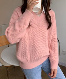 ローゲージVネックケーブルニットプルオーバー