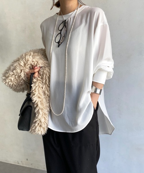 DouDou(ドゥドゥ)の「ジョーゼット袖リブプルオーバー(シャツ/ブラウス・レディース・チャコールグレー/オフホワイト/カーキ・FREE)」の3枚目の写真