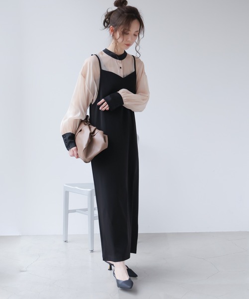 frames RAY CASSIN（フレームスレイカズン）の「WEB限定　オーガンジーブラウス＋キャミワンピセット（ワンピース・レディース・ブラック/ベージュ/イエロー×グリーン・FREE）」の3枚目の写真