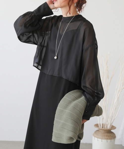 frames RAY CASSIN（フレームスレイカズン）の「WEB限定　オーガンジーブラウス＋キャミワンピセット（ワンピース・レディース・ブラック/ベージュ/イエロー×グリーン・FREE）」の4枚目の写真