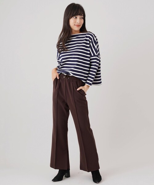 PICONE 黒のストレッチパンツ スリット入り裾 パール付き裾スリットストレッチロングパンツ