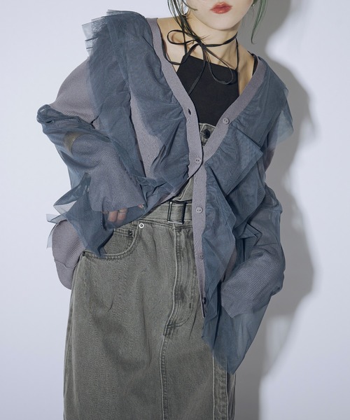 Ezick（エジック）の「Line frill tulle ニットカーディガン（カーディガン/ボレロ・レディース・ブラック/ホワイト/ブルー/グレイッシュブルー・FREE）」の15枚目の写真