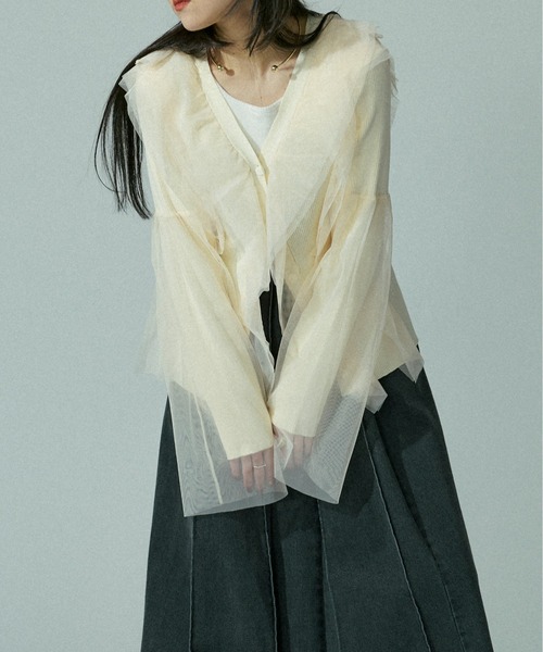 Ezick(エジック)の「Line frill tulle ニットカーディガン Ezick(エジック)の「Line frill tulle ニットカーディガン
