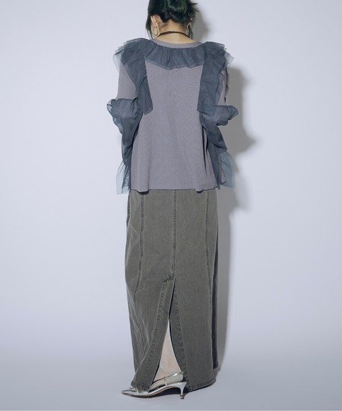 Ezick（エジック）の「Line frill tulle ニットカーディガン（カーディガン/ボレロ・レディース・ブラック/ホワイト/ブルー/グレイッシュブルー・FREE）」の8枚目の写真