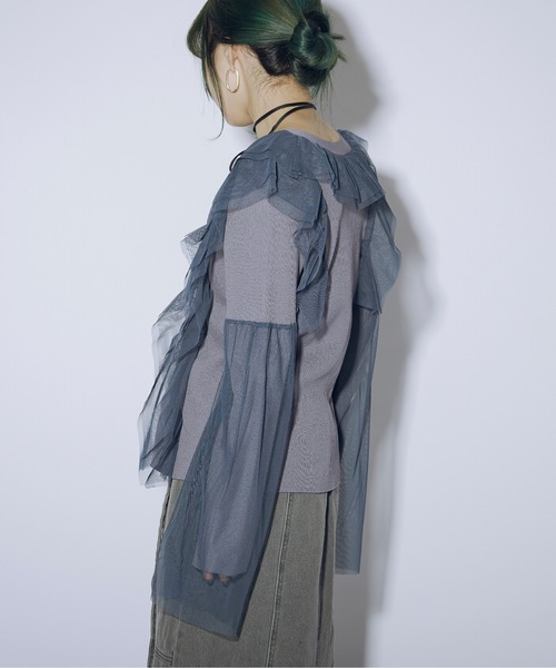 Ezick（エジック）の「Line frill tulle ニットカーディガン（カーディガン/ボレロ・レディース・ブラック/ホワイト/ブルー/グレイッシュブルー・FREE）」の11枚目の写真