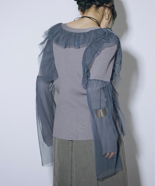 Ezick（エジック）の「Line frill tulle ニットカーディガン（カーディガン/ボレロ・レディース・ブラック/ホワイト/ブルー/グレイッシュブルー・FREE）」の9枚目の写真