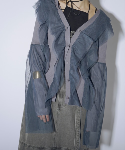 Ezick（エジック）の「Line frill tulle ニットカーディガン（カーディガン/ボレロ・レディース・ブラック/ホワイト/ブルー/グレイッシュブルー・FREE）」の12枚目の写真