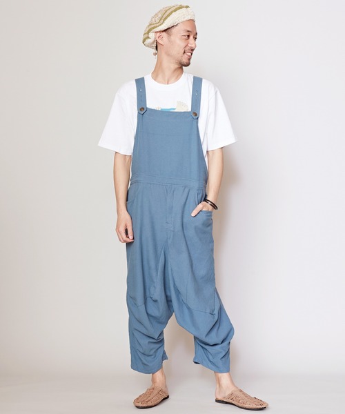 チャイハネ（チャイハネ）の「【チャイハネ】ネパトMEN'Sサロペット（サロペット/オーバーオール・メンズ・ホワイト/ブルー/イエロー・FREE）」の2枚目の写真
