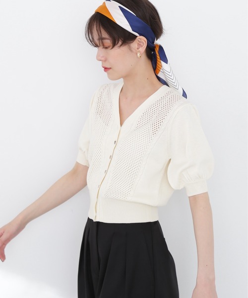 N.（N. Natural Beauty Basic）（エヌエヌナチュラルビューティーベーシック）の「◆ツイスト＆メッシュニットカーディガン（カーディガン/ボレロ・レディース・ネイビー/レッド/オフホワイト・MEDIUM）」の4枚目の写真