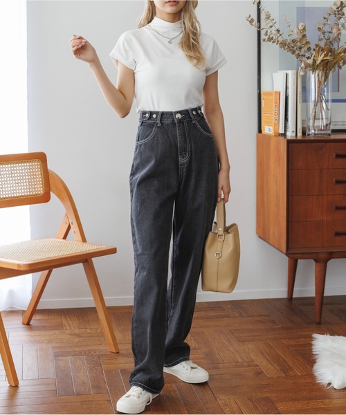 Miniministore（ミニミニストア）の「ウエスト調節ボタン付き ストレートデニム（デニムパンツ・レディース・アイボリー/ブラック・S/M）」の9枚目の写真
