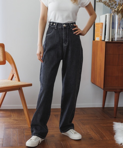 Miniministore（ミニミニストア）の「ウエスト調節ボタン付き ストレートデニム（デニムパンツ・レディース・アイボリー/ブラック・S/M）」の7枚目の写真