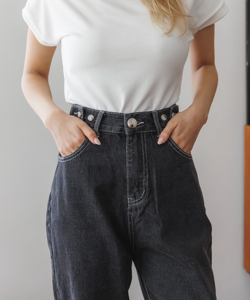 Miniministore（ミニミニストア）の「ウエスト調節ボタン付き ストレートデニム（デニムパンツ・レディース・アイボリー/ブラック・S/M）」の20枚目の写真