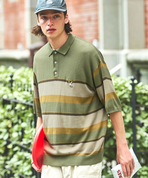 EMMA CLOTHES(エマクローズ)の「パネルマルチボーダー刺繍ルーズニットポロシャツ EMMA CLOTHES(ポロシャツ・メンズ・チャコール/ライトグレー/オリーブ・M/L)」の21枚目の写真