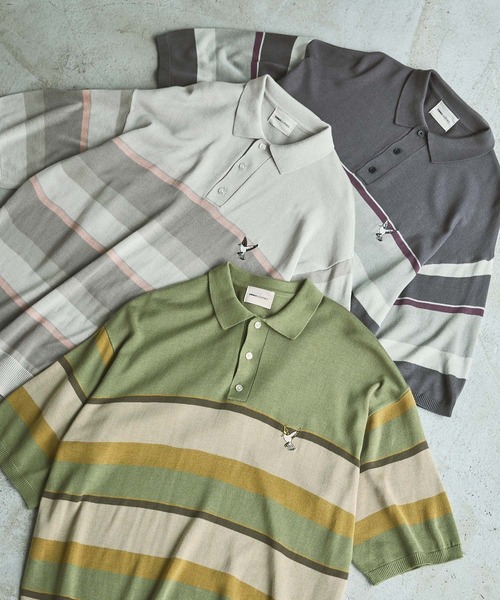 EMMA CLOTHES(エマクローズ)の「パネルマルチボーダー刺繍ルーズニットポロシャツ EMMA CLOTHES(ポロシャツ・メンズ・チャコール/ライトグレー/オリーブ・M/L)」の11枚目の写真