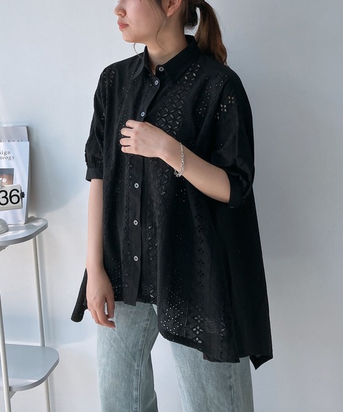 AS KNOW AS plus（アズノゥアズプラス）の「○イレギュラーヘムMIX5分袖チュニック（チュニック・レディース・チェック/ホワイト系/ブラック系/ブルー系/ブラック系1/ホワイト系1/ライトグリーン系/ホワイト系2/ホワイト系3/ブラック系4/ブラック系5/ホワイト系4/イエロー系その他/オフホワイト/ブラック系6/ホワイト系7/ブラック系7/ブルー系7/イエロー系/グリーン系/マルチ/ブルー系1/チャコールグレー・FREE）」の12枚目の写真