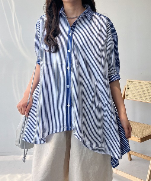 AS KNOW AS plus（アズノゥアズプラス）の「○イレギュラーヘムMIX5分袖チュニック（チュニック・レディース・チェック/ホワイト系/ブラック系/ブルー系/ブラック系1/ホワイト系1/ライトグリーン系/ホワイト系2/ホワイト系3/ブラック系4/ブラック系5/ホワイト系4/イエロー系その他/オフホワイト/ブラック系6/ホワイト系7/ブラック系7/ブルー系7/イエロー系/グリーン系/マルチ/ブルー系1/チャコールグレー・FREE）」の19枚目の写真