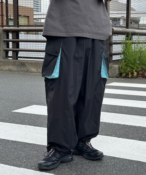 セール】配色ポケットリップストップナイロンカーゴパンツ