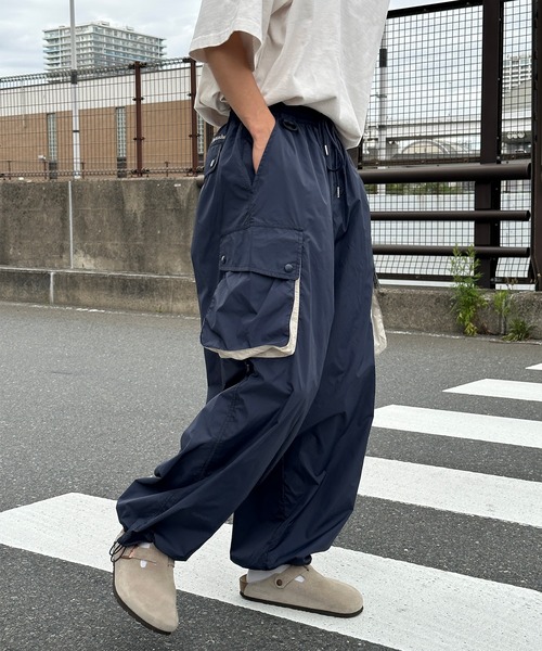 セール】配色ポケットリップストップナイロンカーゴパンツ