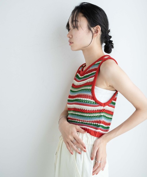 WEGO(ウィゴー)の「WEGO/マルチボーダークロシェビスチェ(ベスト・レディース・オレンジ/ブラック・FREE)」の9枚目の写真