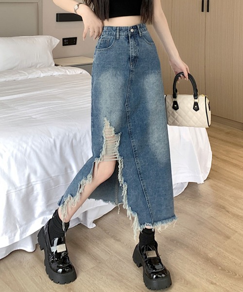 GLAMOROUS JANE(グラマラスジェーン)の「ダメージデニムスリットスカート(デニムスカート・レディース・ブルー・S/M/L)」の5枚目の写真