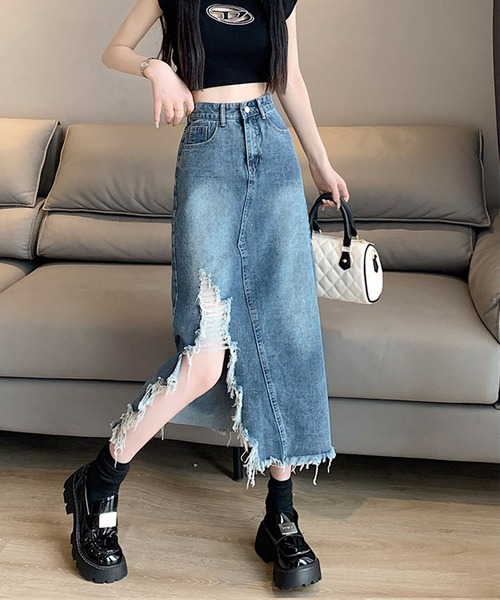 GLAMOROUS JANE(グラマラスジェーン)の「ダメージデニムスリットスカート(デニムスカート・レディース・ブルー・S/M/L)」の9枚目の写真