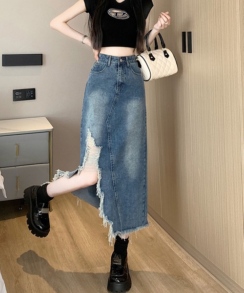 GLAMOROUS JANE(グラマラスジェーン)の「ダメージデニムスリットスカート(デニムスカート・レディース・ブルー・S/M/L)」の6枚目の写真