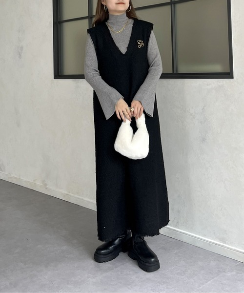 prose verse（プロズヴェール）の「Vネックツイードフリンジジャンスカ（ジャンパースカート・レディース・ブラック/グレー・MEDIUM）」の3枚目の写真