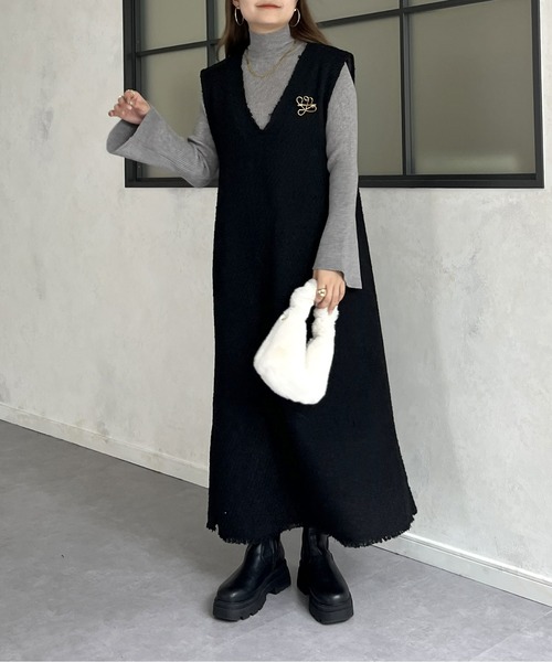 prose verse（プロズヴェール）の「Vネックツイードフリンジジャンスカ（ジャンパースカート・レディース・ブラック/グレー・MEDIUM）」の5枚目の写真